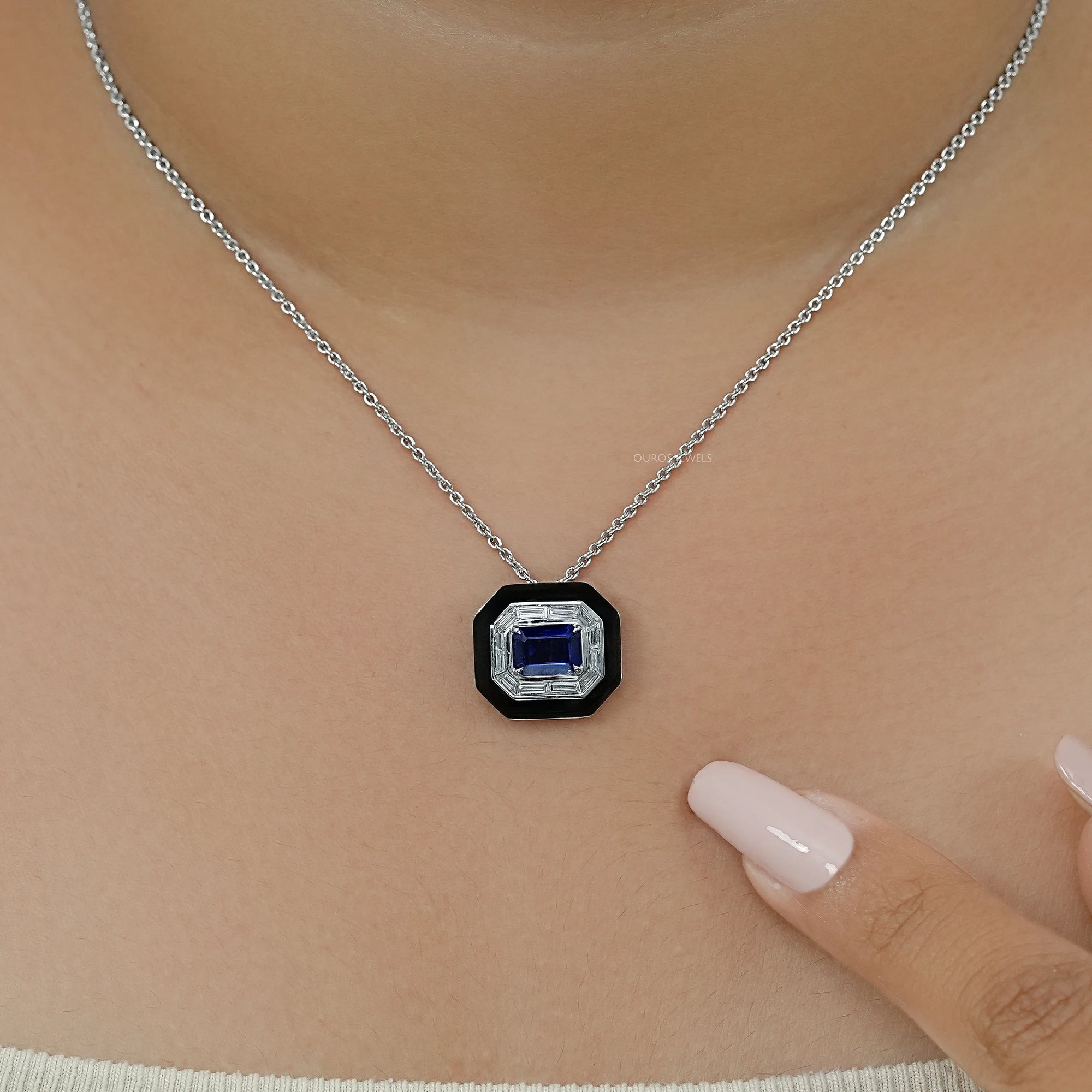 Enamel And Sapphire Gemstone Halo Pendant