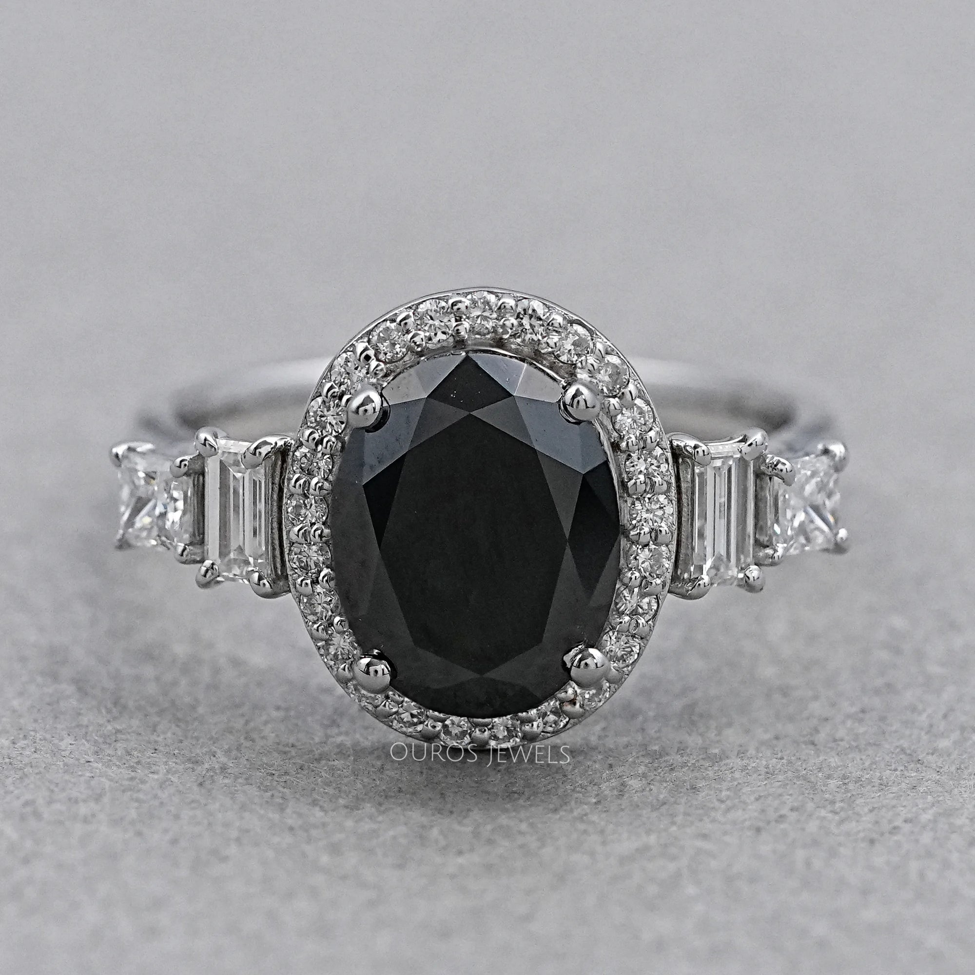 Black Oval Cut Halo With Accent Diamond Ring Rings