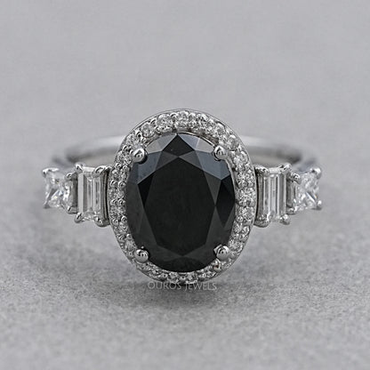Black Oval Cut Halo With Accent Diamond Ring Rings
