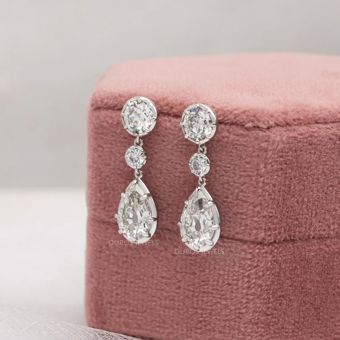Old Mine Pear And OEC Round Cut Lab Diamond Dangle Earrings Earrings