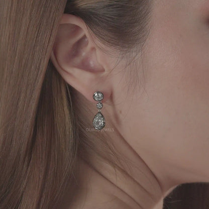 Old Mine Pear And OEC Round Cut Lab Diamond Dangle Earrings Earrings