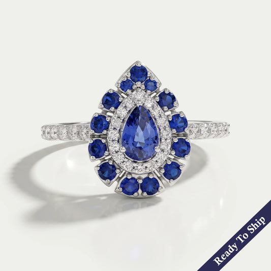 Blue Pear And Round Cut Double Halo Solitaire Accent Ring