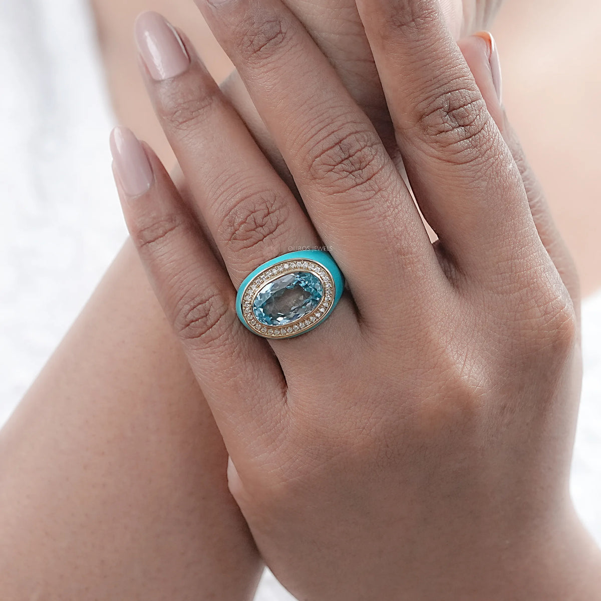 Blue Topaz East West Oval With Enamel Cocktail Ring Rings