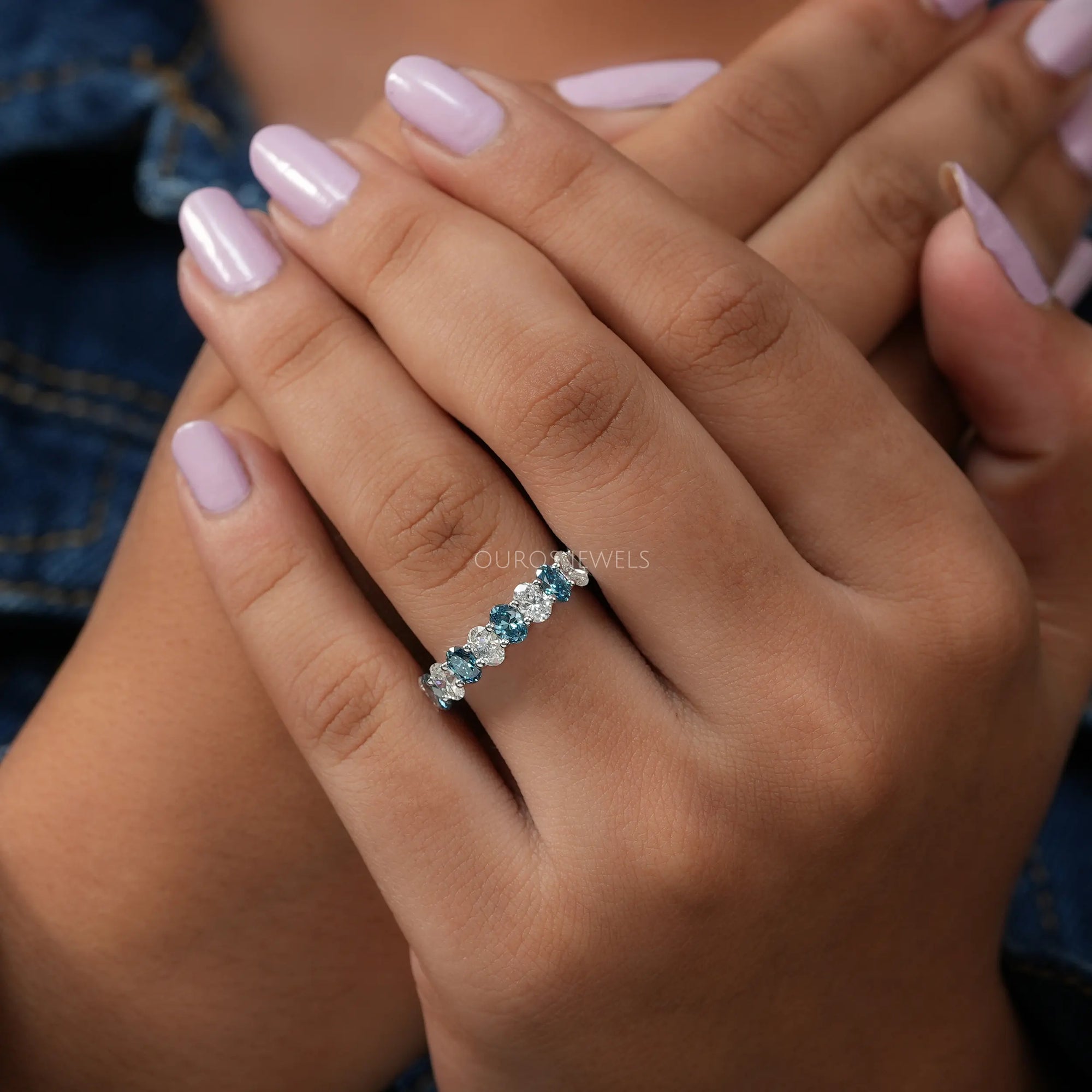 Blue Oval Cut Lab Diamond Eternity Wedding Band Ring