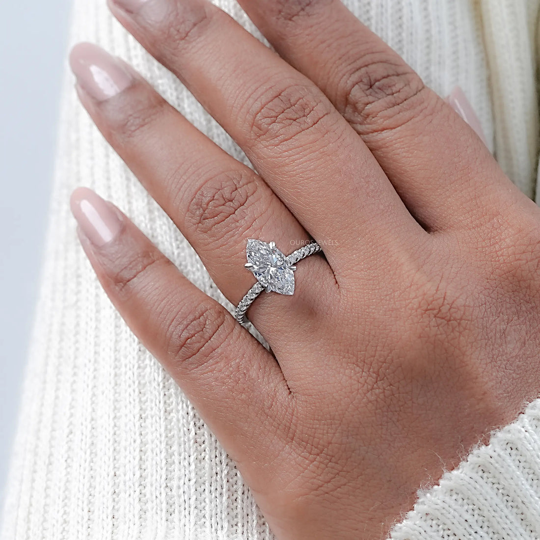 Marquise Diamond Solitaire Accent Hidden Halo Engagement Ring Rings
