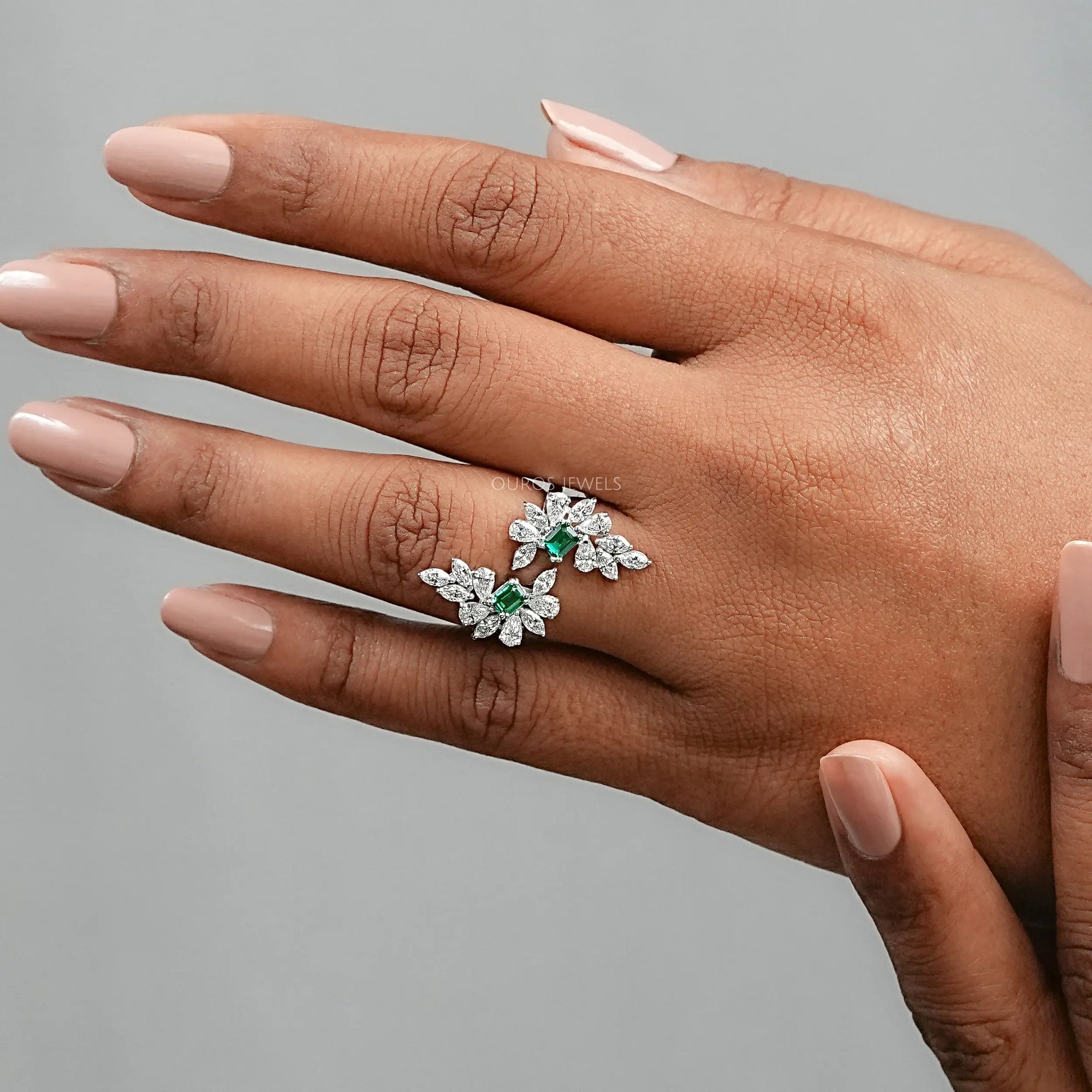 Multi-Shape Lab Diamond and Emerald Bypass Ring Ring