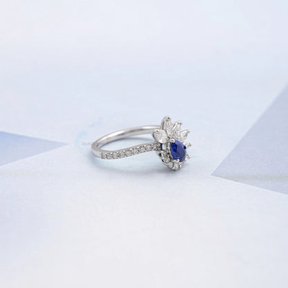 Pear Cut Blue Sapphire Cluster Bypass Engagement Ring Ring