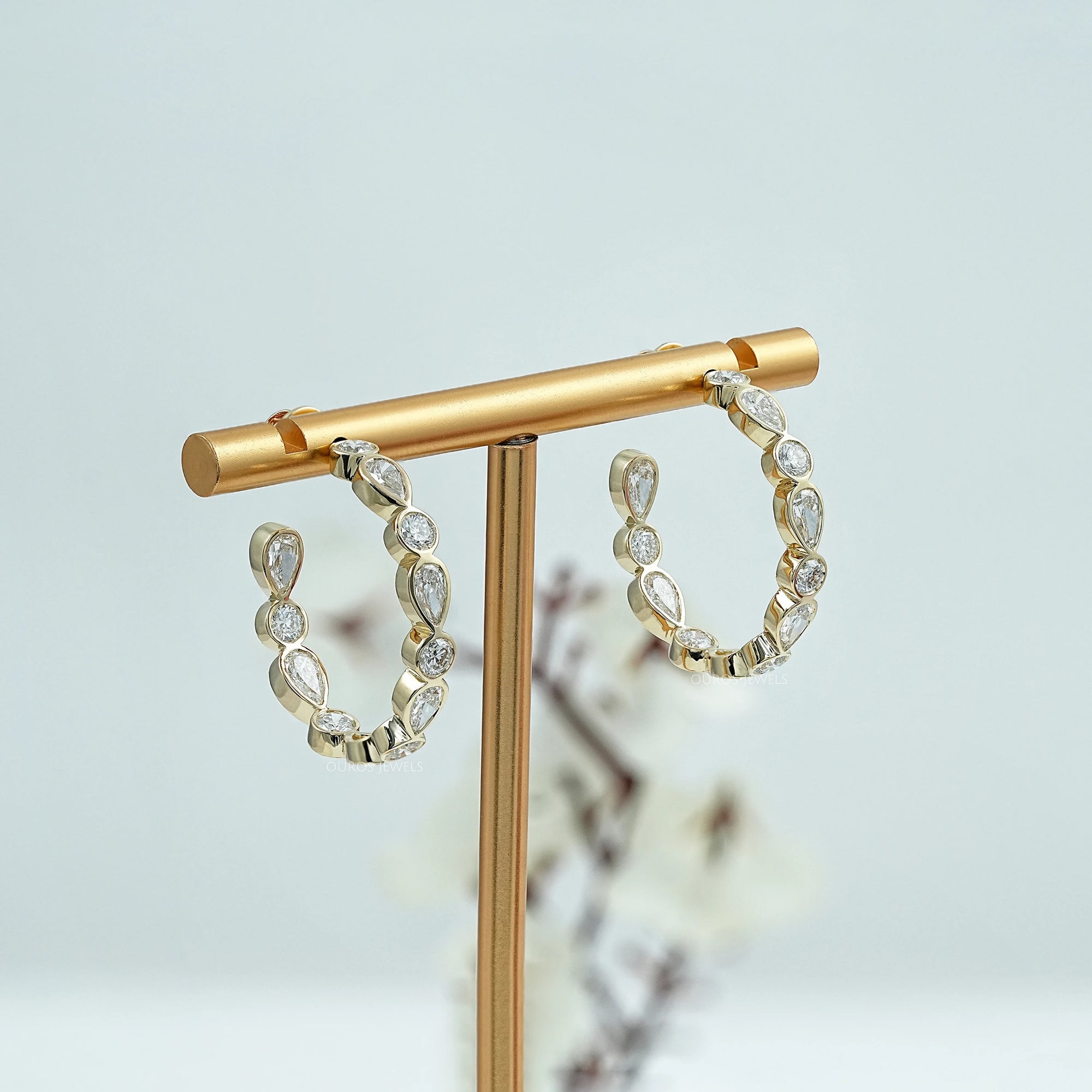 Pear And Round Diamond Bezel Set C Hoop Earrings