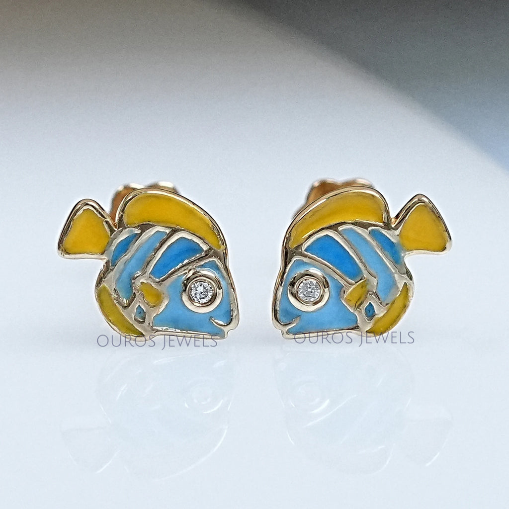 Round Cut Diamond Enamel Fish Earrings For Kids