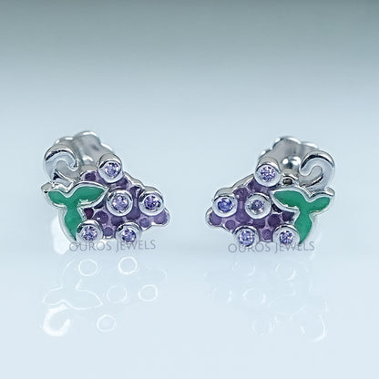 Purple Gemstone And Enamel Grape Earrings For Kids