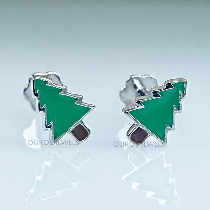 Green Enamel Christmas Tree Earrings For Kids