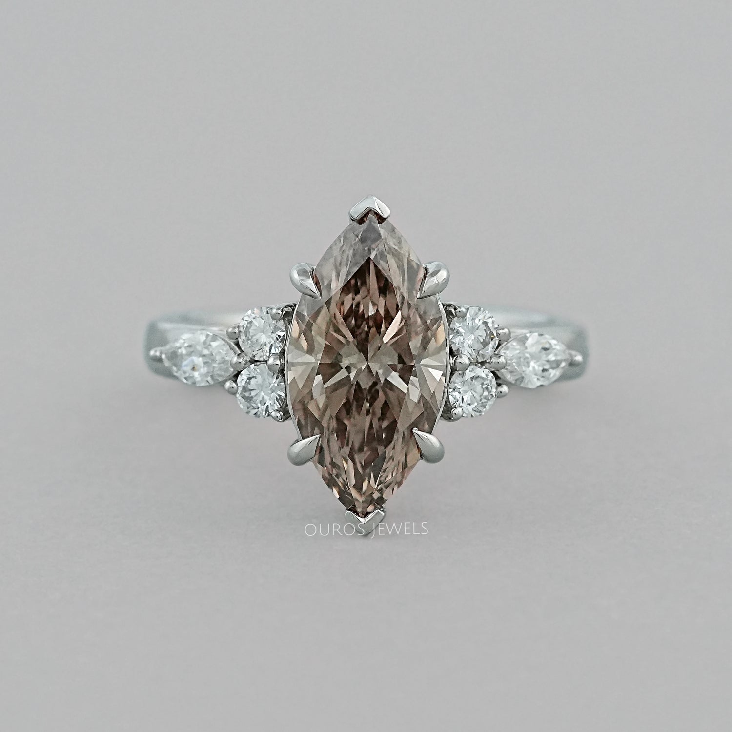 Champagne Marquise Lab Diamond Solitaire Accent Ring Rings