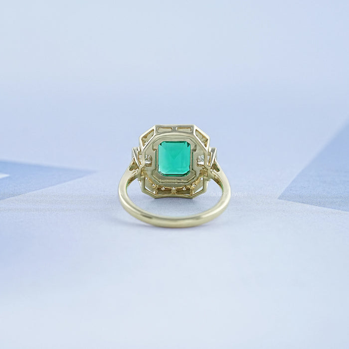 Three Stone Emerald Gemstone Halo Ring Ring