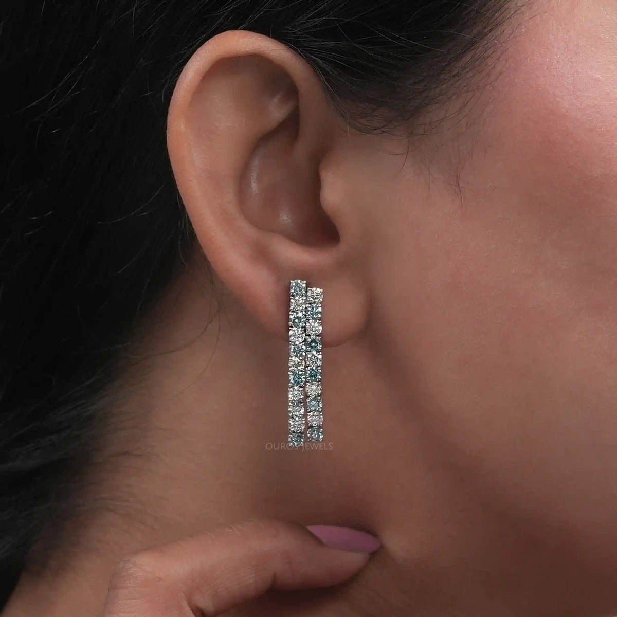 Blue Round Cut Lab Diamond Double Row Earrings Earring