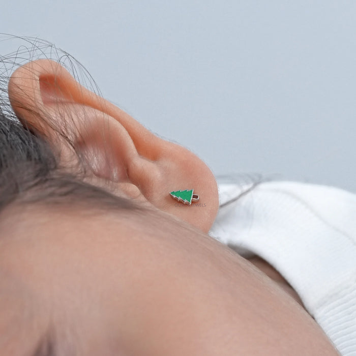Green Enamel Christmas Tree Earrings For Kids