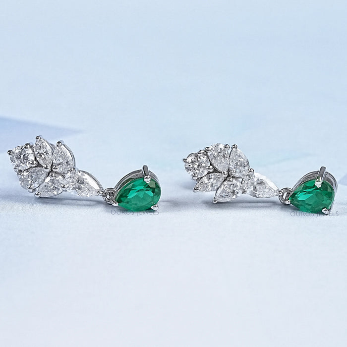 Emerald With Diamond Cluster Pear Drop Earrings Earring