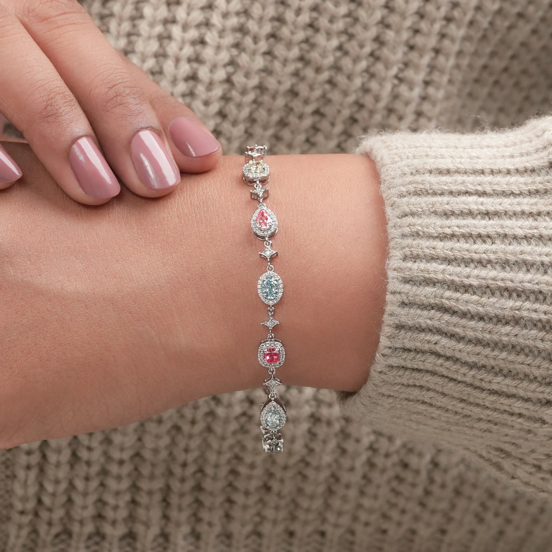 Multi Shape Color Diamond Halo Link Bracelet Bracelet