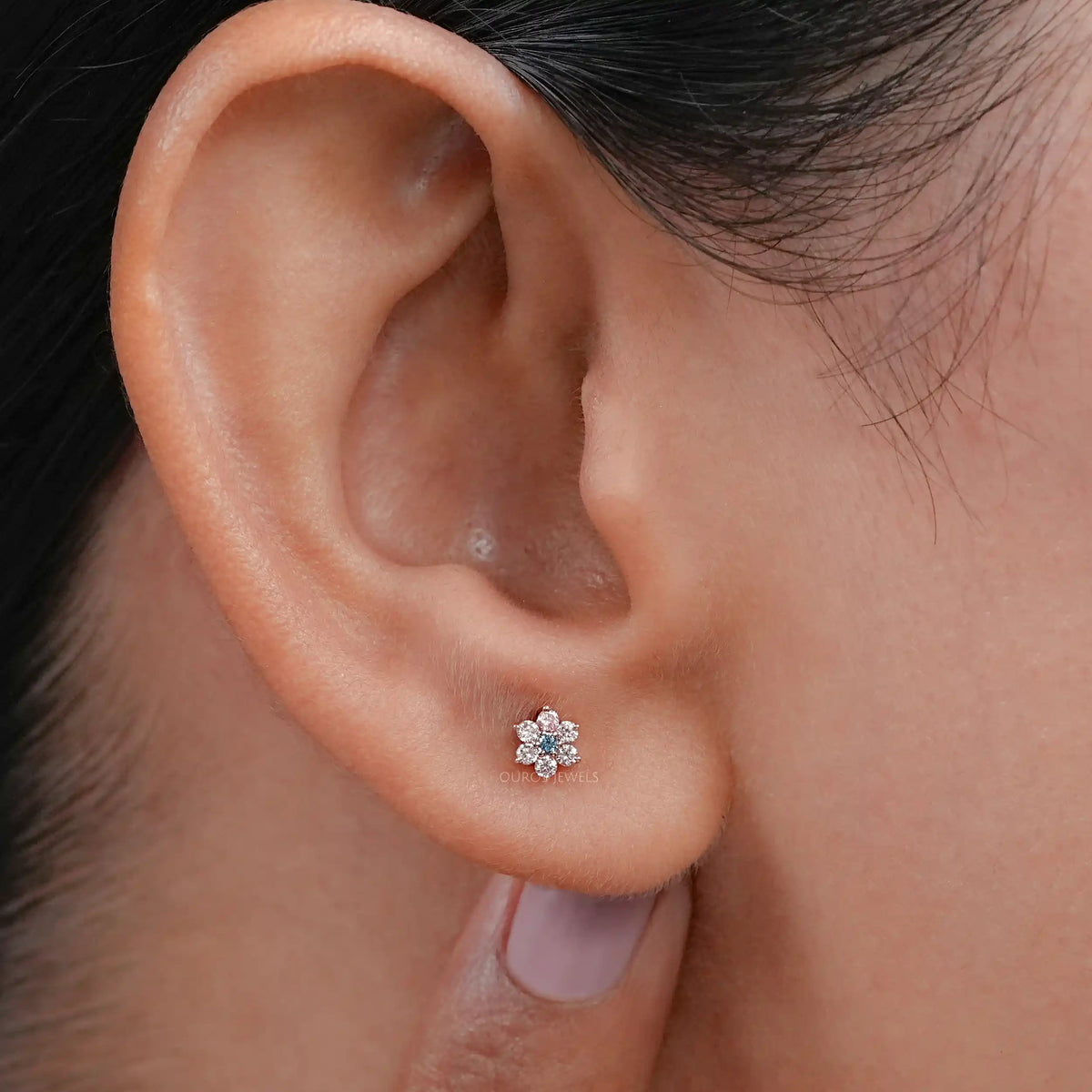 Pink & Blue Round Diamond Floral Earring Earring