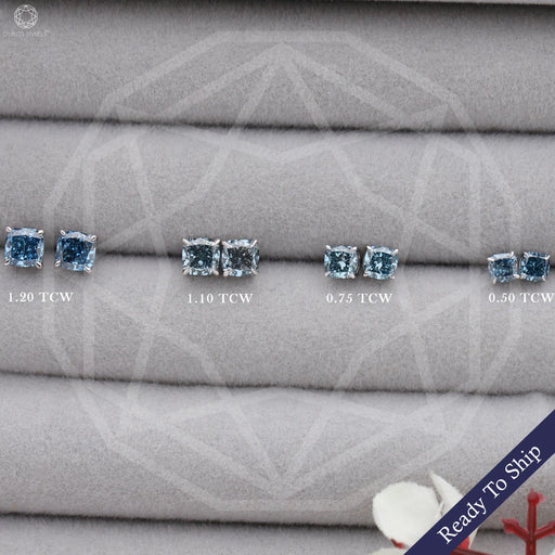 Blue Cushion Lab Grown Diamond Stud Earrings