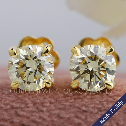 Yellow Round Diamond Stud Earrings
