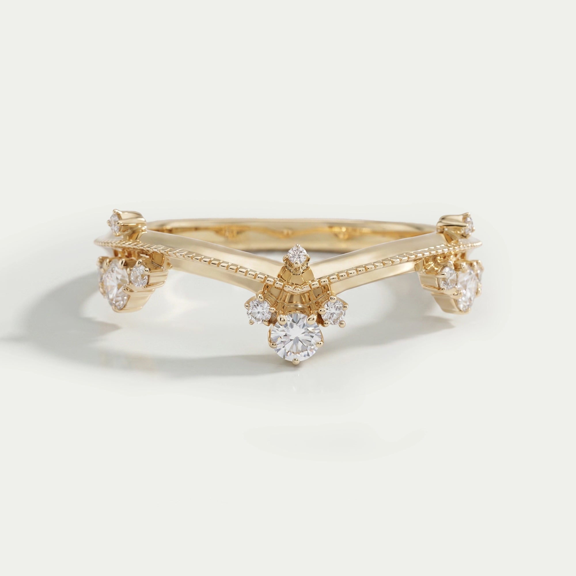 Crown Style Round Cut Lab Diamond Chevron Band Rings