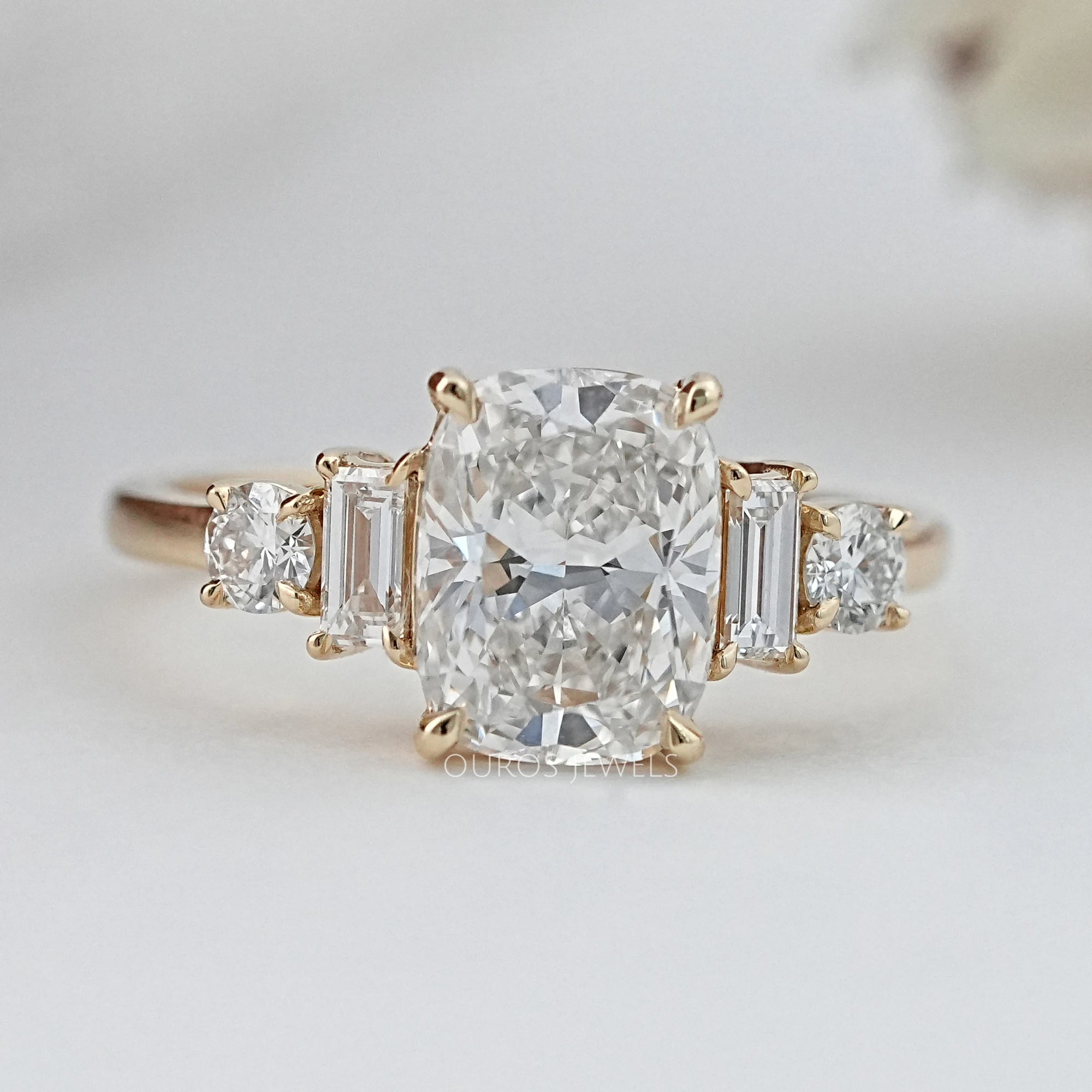 Elongated Cushion And Baguette Diamond Five Stone Engagement Ring Rings