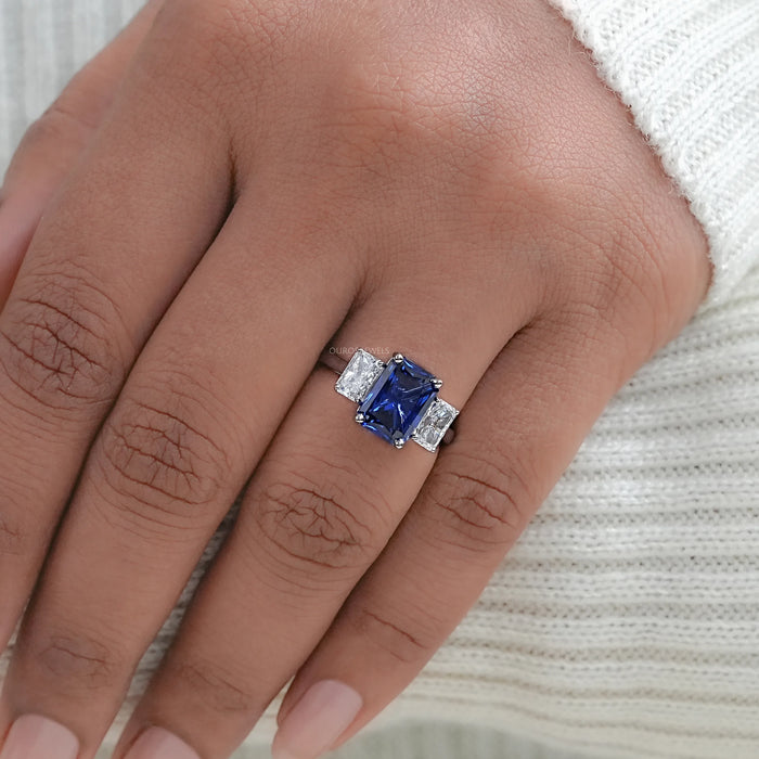 Sapphire Radiant And Lab Diamond Three Stone Ring