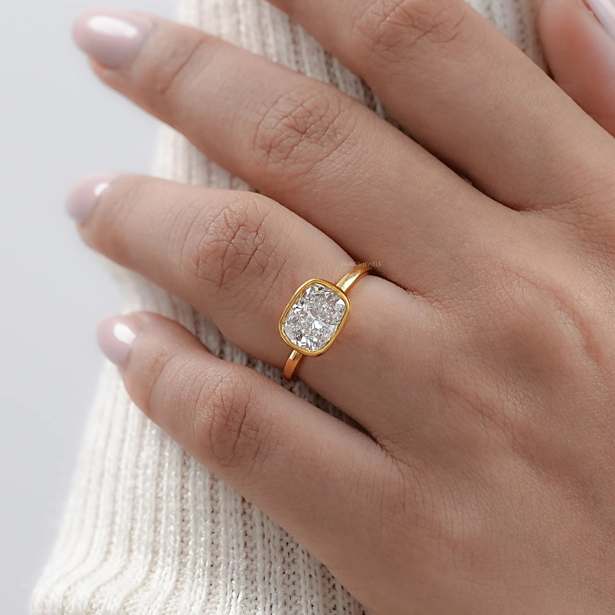 East West Cushion Diamond Bezel Set Solitaire Ring Rings