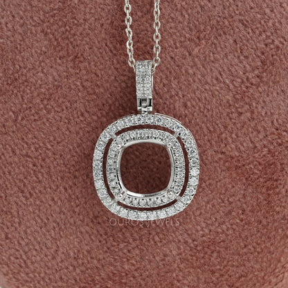 Cushion Shape Double Halo Semi Mount Pendant Necklaces
