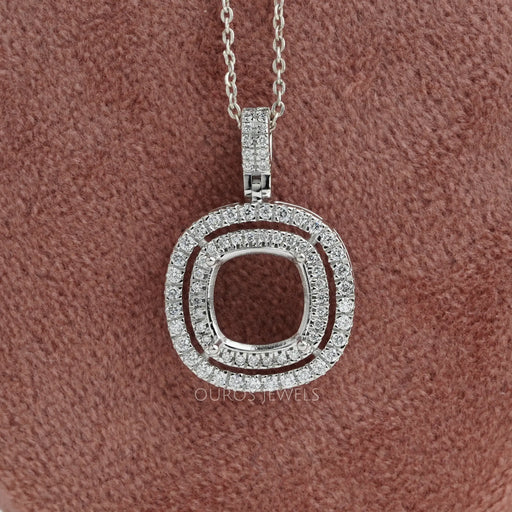 Cushion Shape Double Halo Semi Mount Pendant Necklaces