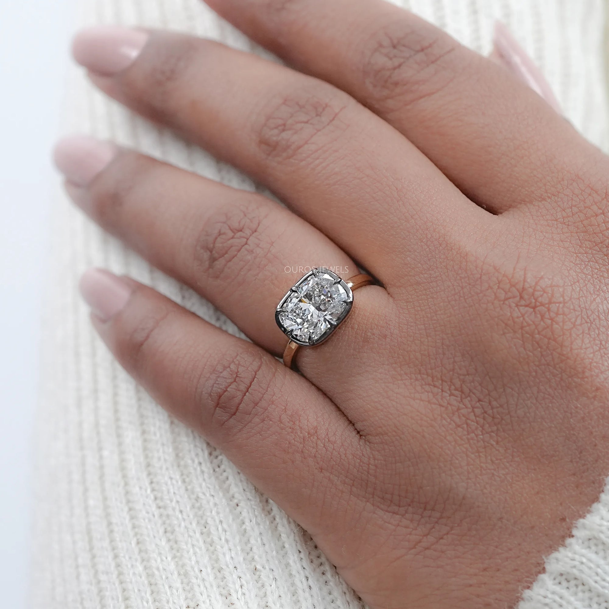 East West Cushion Diamond Black Coating Solitaire Ring