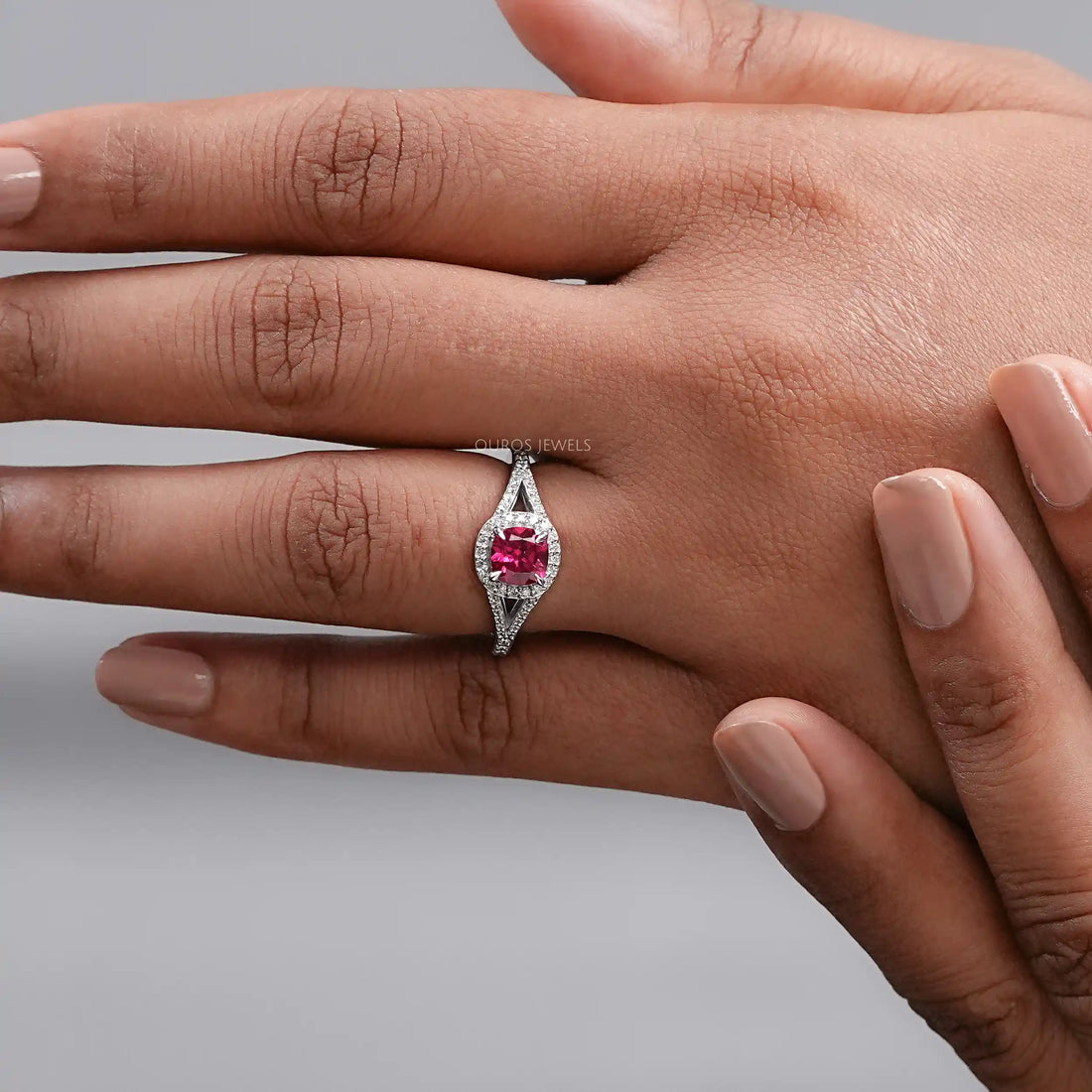 Cushion Cut Red Ruby Split Shank Halo Engagement Ring Ring