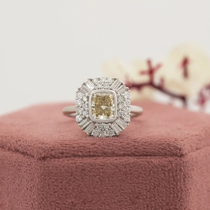 Yellow Cushion Cut Lab Diamond Bezel Set Cluster Ring Ring