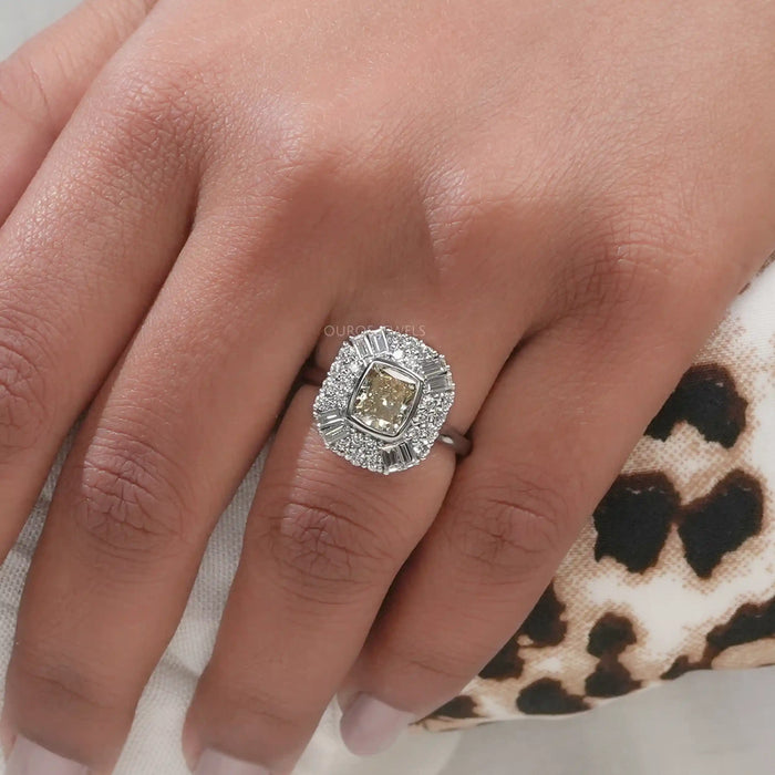 Yellow Cushion Cut Lab Diamond Bezel Set Cluster Ring Ring