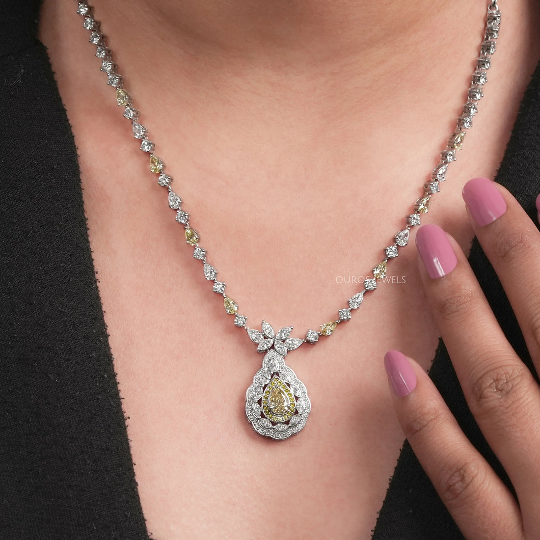 Yellow Pear And White Diamond Teardrop Necklace Necklaces
