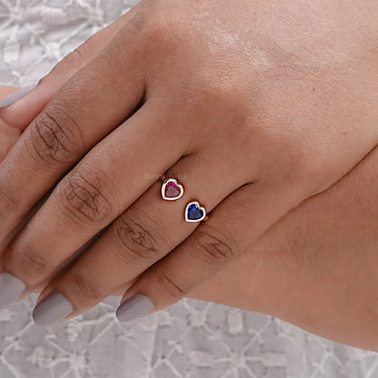 Sapphire And Ruby With Heart Open Cuff Ring Rings