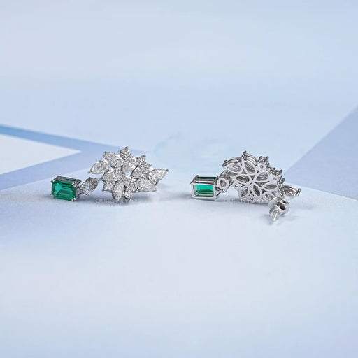 Green Emerald And Lab Diamond Cluster Drop Earrings