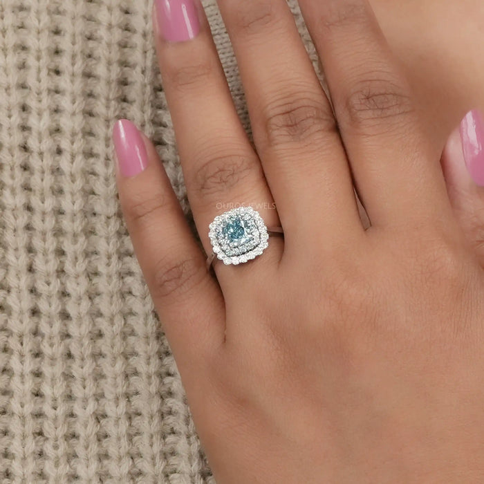 Fancy Blue Cushion Cut Double Halo Lab Diamond Ring Rings