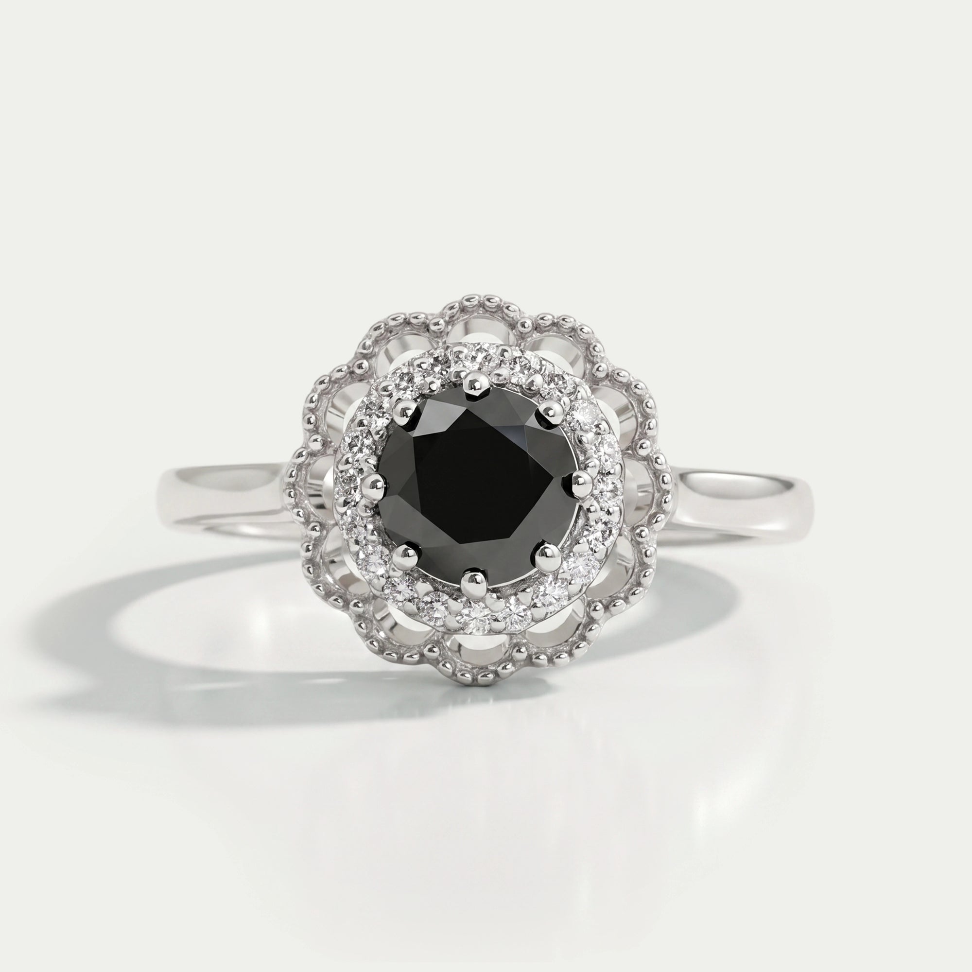 Double Halo Round Shape Black Diamond Engagement Ring Rings