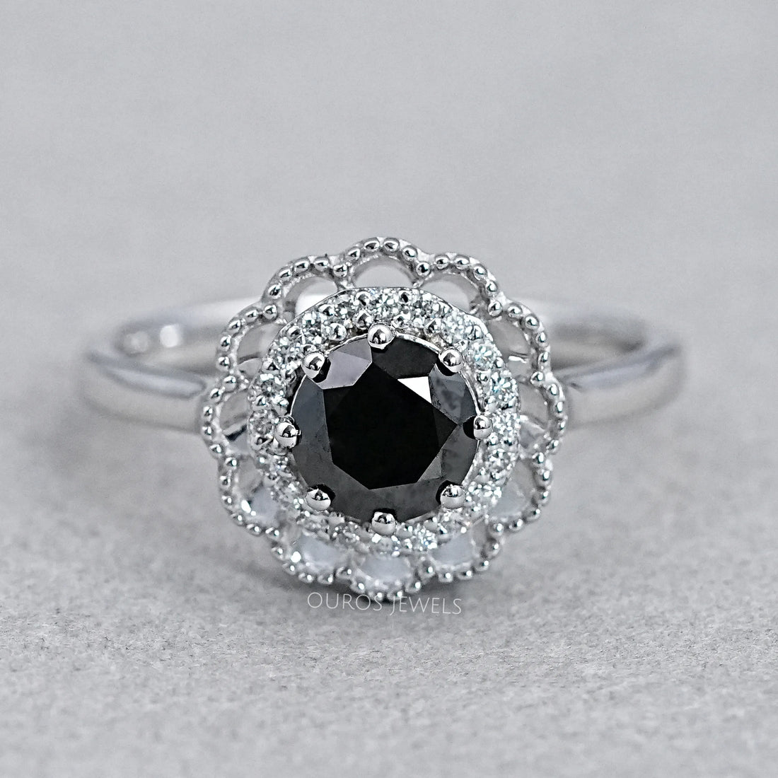 Double Halo Round Shape Black Diamond Engagement Ring Rings