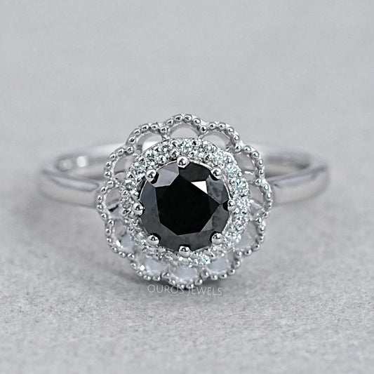 Double Halo Round Shape Black Diamond Engagement Ring Rings