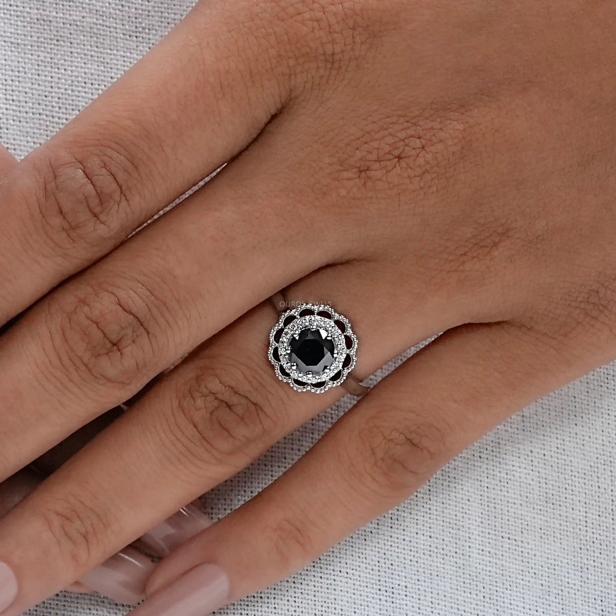 Double Halo Round Shape Black Diamond Engagement Ring Rings
