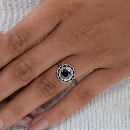 Double Halo Round Shape Black Diamond Engagement Ring Rings