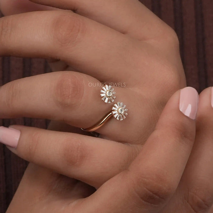Two Flower Shape Tapered Baguette Cut Lab Diamond Bypass Ring Rings
