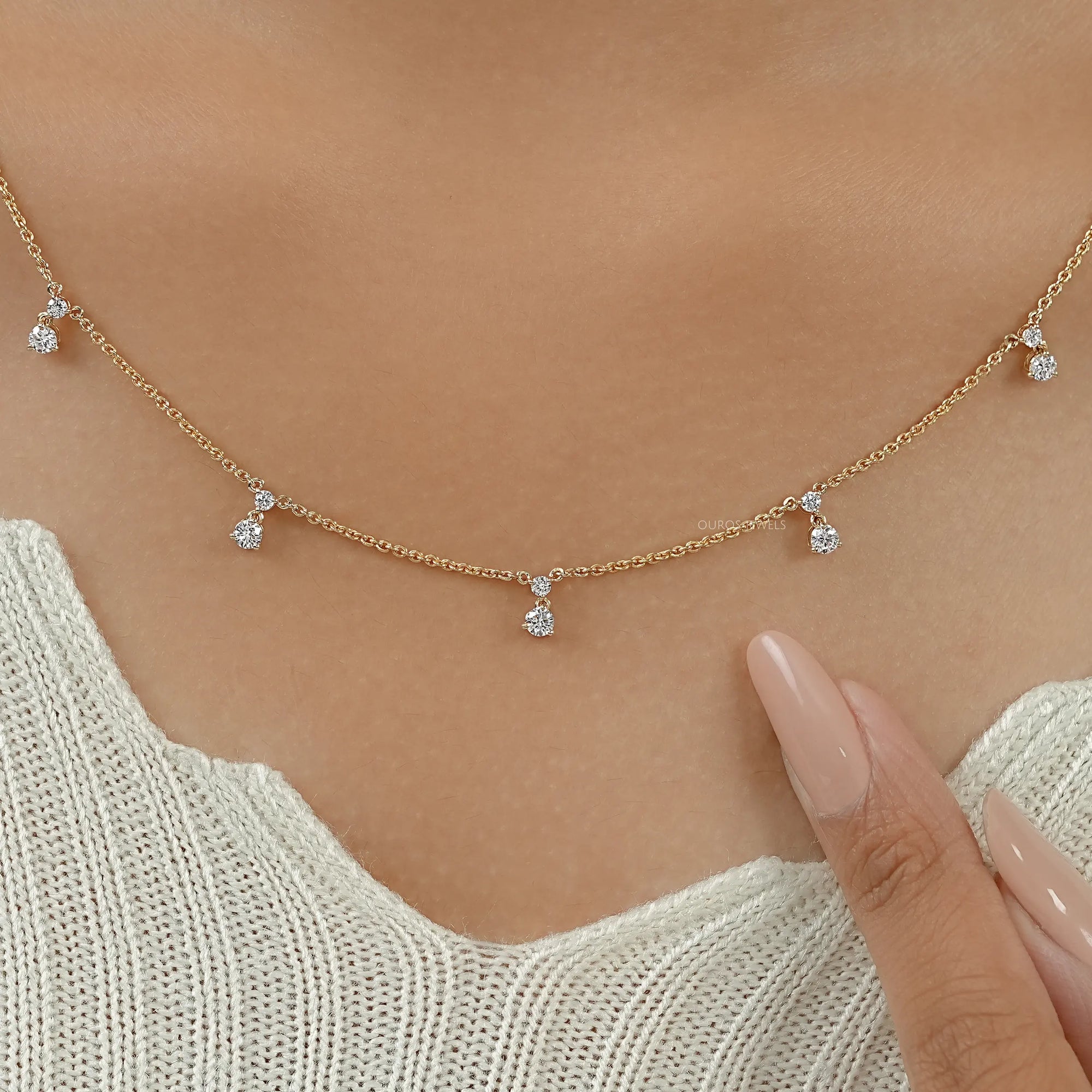 Round Diamond Drop Station Necklace Necklaces