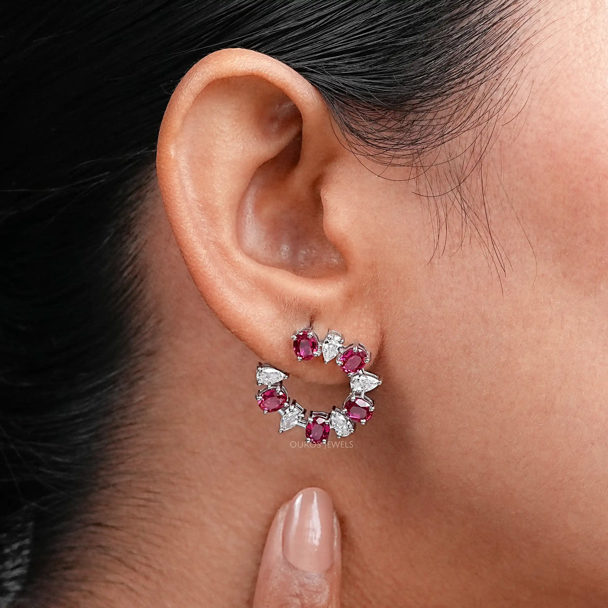 Pear and Red Oval Diamond Stud Earring Earring