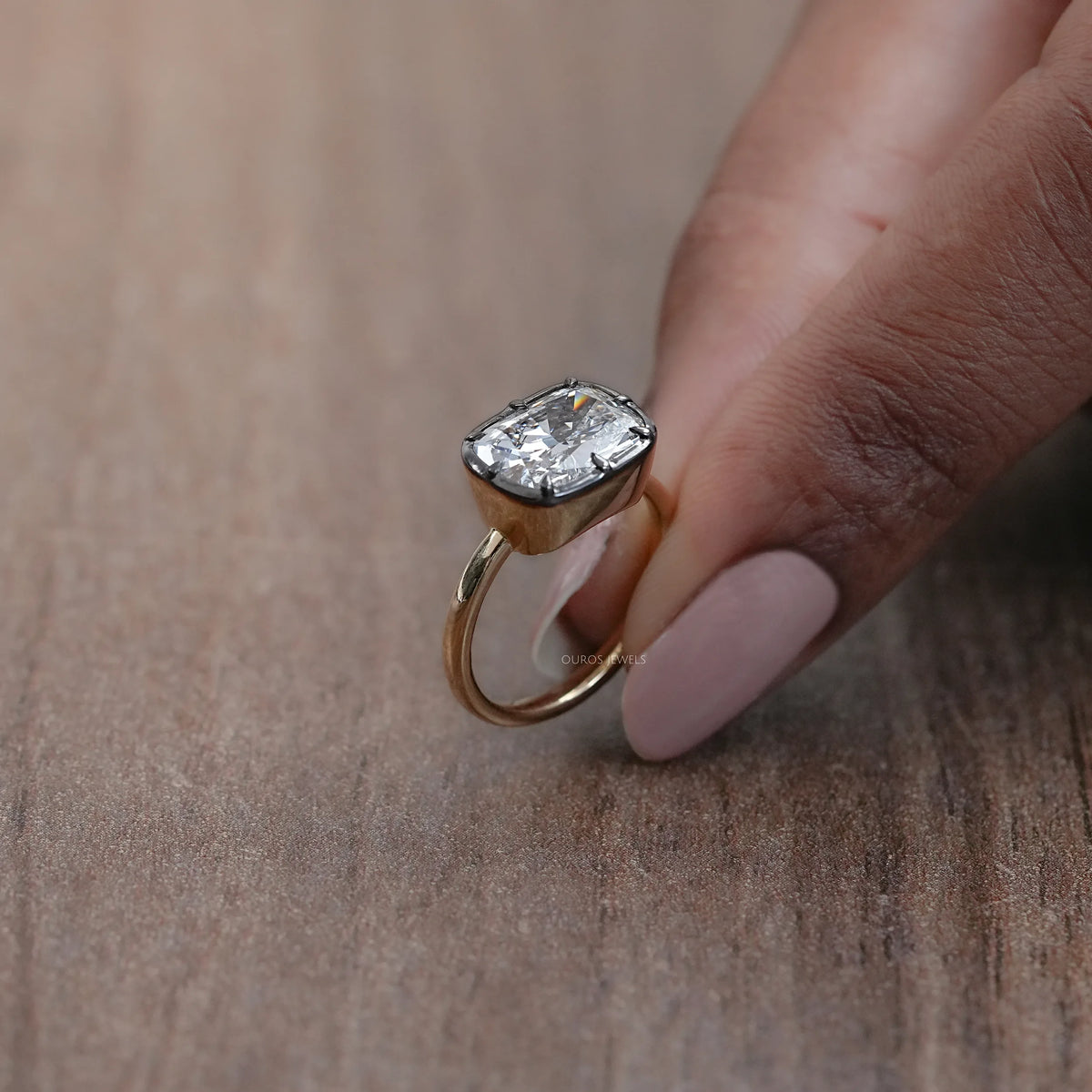 East West Cushion Diamond Black Coating Solitaire Ring