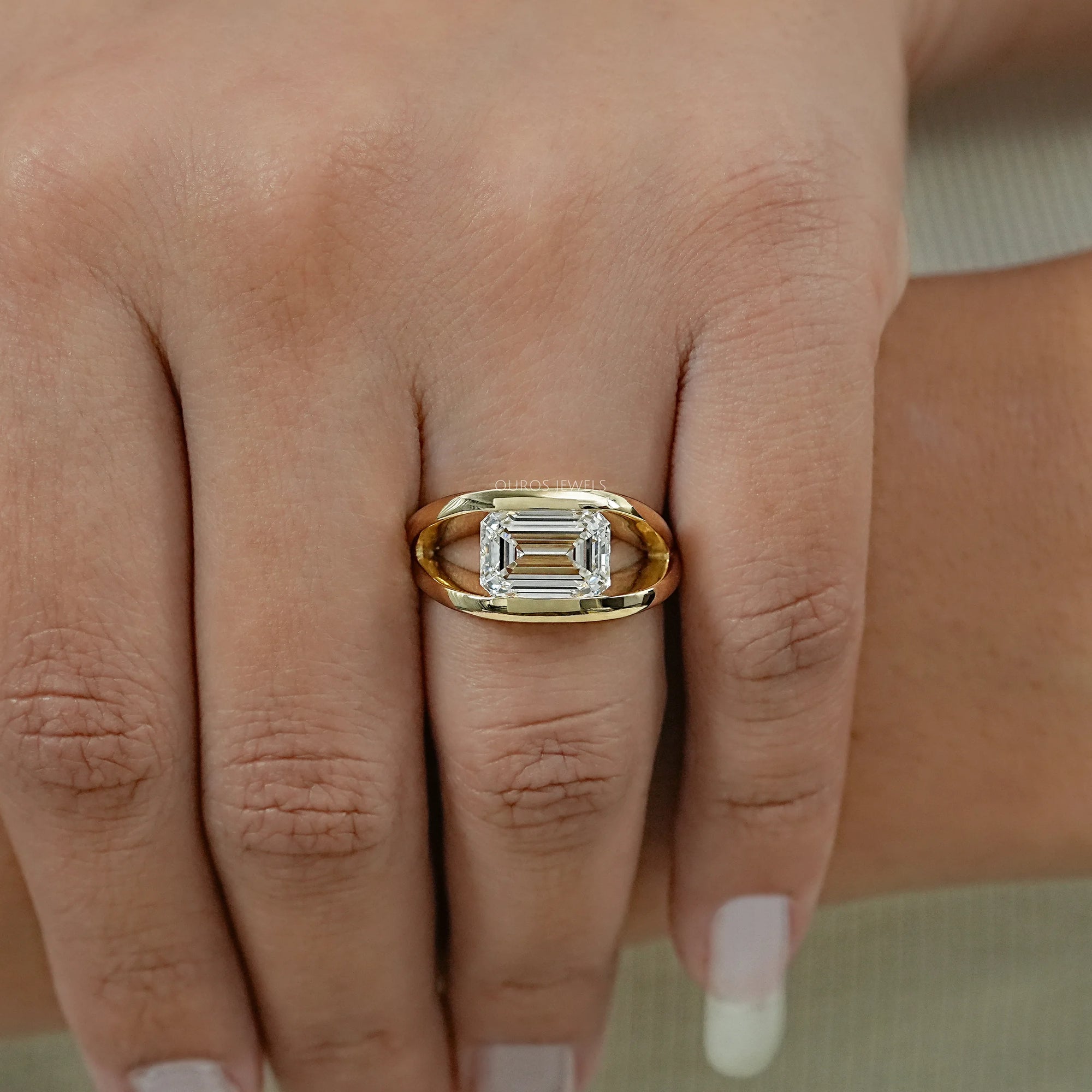 East West Emerald Diamond Cross Spilt Shank Ring Rings