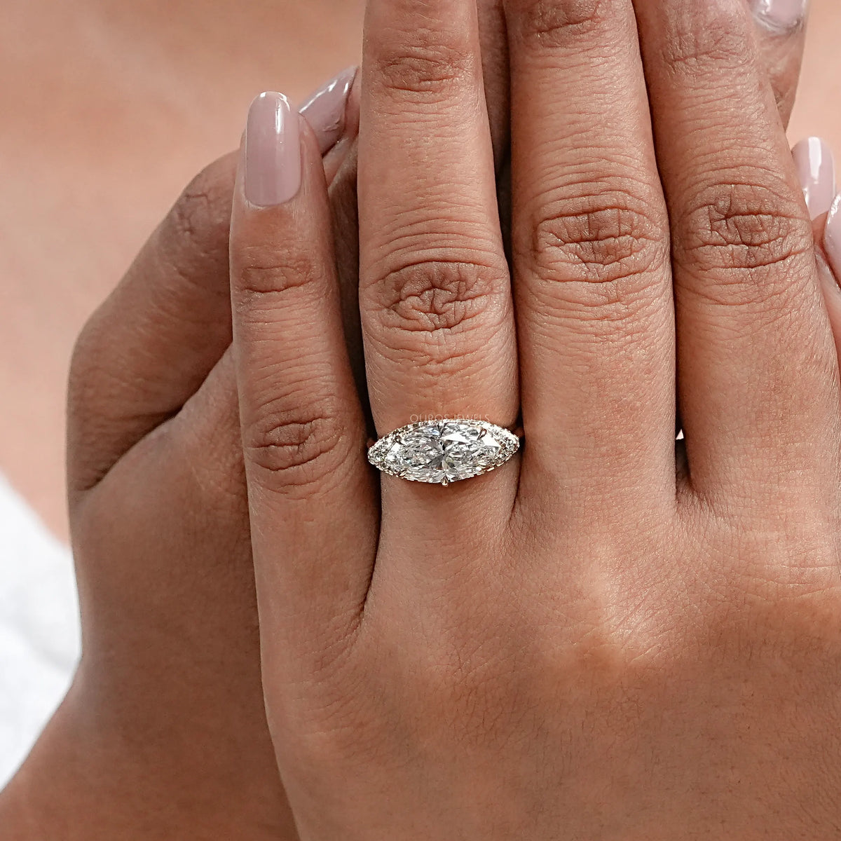 East West Marquise Lab Diamond Hidden Halo Ring Ring