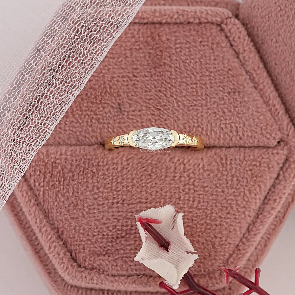 East West Old Mine Moval Cut Half Bezel Accent Ring Rings